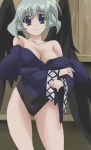 antenna_hair big_breasts black_wings blue_eyes breasts cleavage clothed clothing feathered_wings feathers female grey_hair hair hat headgear headwear leotard not_furry screencap short_hair smile solo stitched_image undressing wings third-party_edit unknown_artist utawarerumono kamyu angel humanoid hi_res