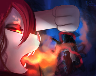anthro duo eyelashes female glowing glowing_eyes hair long_hair looking_at_another narrowed_eyes no_pupils open_mouth red_hair sharp_teeth side_view simple_background size_difference teeth upside_down white_body isyld bat mammal 2022 5:4 dated signature