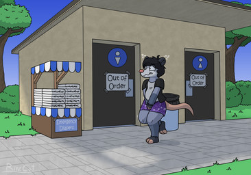 anthro bathroom biped bottomwear clothed clothing crossed_legs desperation diaper door grass iconography male male_anthro outside plant potty_dance shirt shorts solo tail text topwear trash_can tree worried worried_face worried_look ritzcat american_opossum mammal marsupial 2024 english_description english_text hi_res