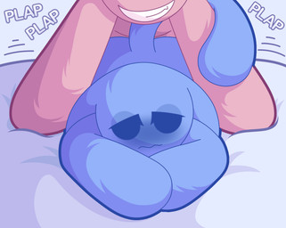 ambiguous_focus ambiguous_gender ambiguous_penetration anthro bed bent_over blue_body blue_fur blush crossed_arms dominant dominant_male duo empty_eyes featureless_hands from_behind_position front_view fur furniture long_tail lying male male/ambiguous monotone_body monotone_fur motion_lines no_pupils nude obscured_face on_bed on_front onomatopoeia penetration pink_body pink_fur questionable_consent sad sex sound_effects submissive submissive_ambiguous tail tail_around_arm tail_around_partner text toony toothy_grin frackntoaster bunny_maloney bunny_maloney_(character) jean_francois alien lagomorph leporid mammal rabbit 2025 cel_shading digital_drawing_(artwork) digital_media_(artwork) english_text shaded