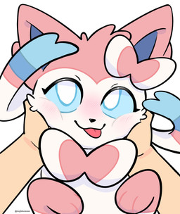 ambiguous_gender black_nose blep blue_eyes blush disembodied_hand duo face_squish feral fur head_tuft leg_markings looking_at_viewer markings pink_body pink_fur simple_background socks_(marking) squish tongue tongue_out tuft white_background white_body white_fur dogfailureowo nintendo pokemon eeveelution generation_6_pokemon human mammal pokemon_(species) sylveon hi_res