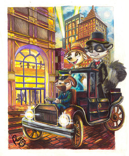 anthro blue_eyes brown_body building car cheek_tuft closed_smile clothed clothing duo facial_tuft female female_anthro fur glistening glistening_eyes green_eyes grey_body grey_fur hat headgear headwear inside_car inside_vehicle logo male male_anthro markings mouth_closed narrowed_eyes open_mouth open_smile outside sitting smile standing striped_markings striped_tail stripes tail tail_markings tuft vehicle white_body white_fur pandapaco bovid bovine canid canine cattle mammal procyonid raccoon artist_logo signature