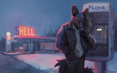 anthro black_bottomwear black_clothing black_eyes black_inner_ear_fluff black_nose black_pants black_tail blue_hair bottomwear brown_body brown_fur car clothed clothing ear_piercing electronics fur gas_station hair hand_in_pocket holding_object holding_phone inner_ear_fluff male night pants phone piercing plant pockets rainbow road shirt sky skyscape solo standing star tail text topwear tree truck tuft vehicle white_clothing white_shirt white_topwear nkotova99 canid canine hyena mammal 2025 english_text hi_res signature