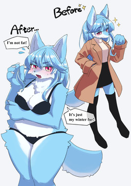 4_fingers anthro before_and_after black_bra black_clothing black_underwear blue_body blue_fur blue_hair blush bodily_fluids bottomwear bra breasts claws clothing dialogue embarrassed female fingers fur hair jacket legwear looking_at_viewer open_mouth pink_eyes simple_background skirt slightly_chubby smile solo sweat tail text thigh_highs topwear underwear white_background unousaya canid mammal 2025 digital_media_(artwork) english_text hi_res