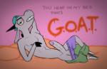 animation_domination_high-def anthro backwards_baseball_cap backwards_hat baseball_cap bed bedding bottomwear bottomwear_down bovid boxers_(clothing) caprine clothed clothing ear_piercing erection fur furniture g.o.a.t._(a.d.h.d.) genitals goat grey_body grey_fur hat headgear headwear hi_res hooves humanoid_genitalia humanoid_penis male mammal nipples pants pants_down partially_clothed penis piercing pillow rubberskunktoo solo underwear