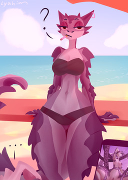 anthro beach big_breasts biped breasts cigarette electronics female female_anthro first_person_view furgonomic_piercing furgonomics half-closed_eyes holding_object holding_phone horn horn_piercing narrowed_eyes navel non-mammal_breasts non-mammal_navel outside phone piercing question_mark scales smoking smoking_cigarette solo thick_thighs wide_hips lyahim darya_(tlen) reptile scalie 2025 digital_media_(artwork)
