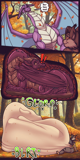 after_vore anthro anthro_pred belly big_belly big_butt black_clothing breasts brown_body brown_fur butt clothing digestion duo female forest fur huge_belly huge_butt male outside overweight plant purple_body size_difference smaller_pred text tree vore weight_gain jessicarae mythology bobcat dragon felid feline lynx mammal mythological_creature mythological_scalie scalie 2025 absurd_res comic hi_res