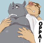 anthro belly blush clothed clothing duo eyes_closed horn humanoid_hands kemono male male/male open_clothing open_shirt open_topwear overweight overweight_male shirt simple_background text topwear train_(artist) mammal rhinoceros suid suina sus_(pig) wild_boar 2011