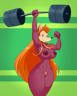 anthro areola barbell breasts exercise fangs female flexing flexing_bicep genitals hair half-closed_eyes looking_at_viewer muscular muscular_anthro muscular_female narrowed_eyes navel nipples nude nude_workout orange_hair pubes red_body simple_background solo teeth thick_thighs vulva weightlifting workout lonbluewolf disney duck_avenger ireyon canid canine fox mammal 2023 4:5 hi_res