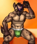 anthro biceps big_muscles bulge clothed clothing fur green_clothing green_underwear jockstrap male muscular muscular_anthro muscular_male one_eye_closed pattern_clothing pattern_underwear pecs solo striped_clothing striped_underwear stripes tail topless underwear vallhound jarlarild kelkko hyena mammal spotted_hyena 2013 digital_media_(artwork) hi_res portrait three-quarter_portrait