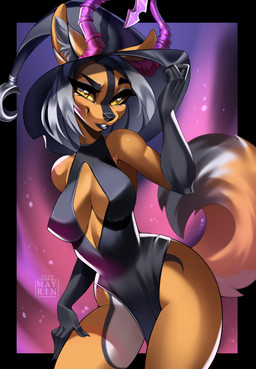 anthro biped black_clothing black_dress breasts cleavage clothed clothing dress eyebrows eyelashes female fur grey_hair grey_inner_ear_fluff hair hand_on_hat hat headgear headwear horn inner_ear_fluff looking_at_viewer orange_body orange_fur solo standing tail text tuft witch_hat yellow_eyes mayrin_(artist) mammal 2023 absurd_res artist_name dated digital_media_(artwork) hi_res portrait shaded three-quarter_portrait