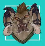 ambiguous_form ambiguous_gender beard facial_hair fangs horn looking_at_viewer open_mouth solo teeth melamoryblack guild_wars charr felid hybrid mammal headshot_portrait hi_res portrait