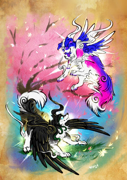 duo female feral male male/female thehavanawolf capcom okami_(capcom) canid canine mammal hi_res