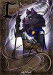 anthro armor banderole black_body bodyguard female flag flag_(object) fluffy highlights_(coloring) holding_flag holding_object melee_weapon purple_highlights servant solo sword warrior weapon biggoodwolf pelusa arctic_wolf canid canine canis mammal wolf absurd_res hi_res