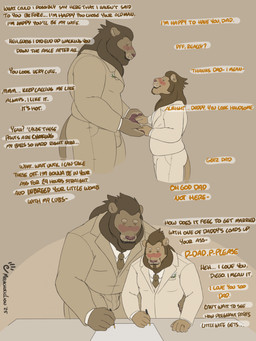 age_difference anthro anthro_on_anthro beard big_dom_small_sub blush bottomwear bulge clothed clothing collared_shirt daddy_kink dialogue digit_ring dirty_talk dominant dress_shirt duo eyebrows facial_hair father_dom_son_sub flustered fur furniture hand_holding incest_marriage intimate jacket jewelry larger_male looking_at_another love male male/male mane married married_couple mature_anthro mature_male narrowed_eyes necktie older_dom_younger_sub older_male pants paper pen profanity ring romantic romantic_couple shirt simple_background size_difference smaller_male smile standing stated_incest suit suit_jacket table tan_background text topwear tuft wedding wedding_ring younger_male melancholiclion diego_(melancholiclion) gael_(melancholiclion) felid lion mammal pantherine 2025 english_text hi_res multiple_scenes signature father_(lore) father_and_child_(lore) father_and_son_(lore) incest_(lore) parent_(lore) parent_and_child_(lore) parent_and_son_(lore) son_(lore)