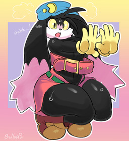 5_fingers anthro belt big_ears black_body black_fur bodily_fluids bottomwear breath clothing crouching dipstick_ears ear_markings exercise femboy fingers footwear fur gloves handwear hat headgear headwear male markings multicolored_ears open_mouth panting shirtless shoes shorts solo sweat thick_thighs white_body white_fur yellow_sclera bulluppa bandai_namco klonoa_(series) klonoa domestic_cat felid feline felis hybrid lagomorph leporid mammal rabbit hi_res signature
