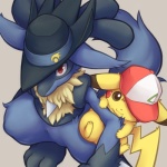 anthro blue_body blue_fur clothing duo feet feral fur grey_background hat hat_only headgear headgear_only headwear headwear_only hindpaw holowear_(pokemon) looking_at_viewer male mostly_nude paws red_eyes simple_background tail yellow_body yellow_eyes yellow_fur yellow_skin tsu_ji nintendo pokemon pokemon_unite ash_ketchum ashchu costume_party_style_lucario canid canine generation_1_pokemon generation_4_pokemon lucario mammal pikachu pokemon_(species) rodent 1:1 2009 hi_res