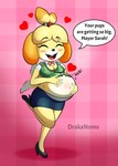 anthro belly_blush blush body_blush breasts cardigan cleavage clothed clothing dialogue female heart_symbol pregnant pregnant_anthro pregnant_female solo text drakanoms animal_crossing nintendo isabelle_(animal_crossing) canid canine canis domestic_dog mammal shih_tzu toy_dog absurd_res english_text hi_res