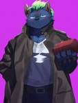 black_nose bottomwear brown_clothing brown_jacket brown_topwear clothed clothing green_eyes green_hair hair jacket magenta_background male pants shirt solo topwear white_clothing white_shirt white_topwear suna_sand1 lifewonders tokyo_afterschool_summoners nyarlathotep_(tas) hyena mammal 2024 colored hi_res