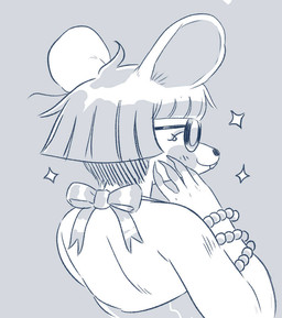 anthro bangs beaded_bracelet beaded_jewelry beads blush bow_accessory bracelet buckteeth eyewear female glasses jewelry looking_back rear_view smile solo stray_hairs teeth wearing_glasses bonnie_guerra mammal murid murine rat rodent monochrome restricted_palette