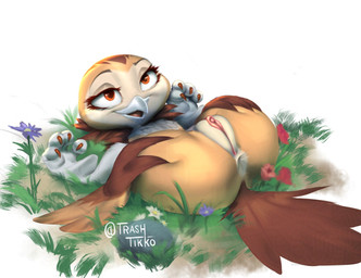 anthro anus beak big_butt big_eyes brown_body brown_feathers butt chest_tuft claws curling_toes eyelashes feathers feet female flat_chested flexible flower folded genitals grass grey_beak hand_on_butt happy huge_butt inner_labia legs_behind_head legs_up lying multicolored_body nude on_back on_grass on_ground open_mouth open_smile orange_claws orange_eyes pink_vulva plant plump_labia presenting presenting_anus presenting_vulva rock shortstack shortstack_female simple_background smile solo spread_butt spread_legs spreading tail tail_feathers tan_body tan_feathers thick_thighs three-quarter_view toe_claws tuft vulva white_background wide_hips winged_arms wings trashtikko avian bird owl 2024 hi_res signature