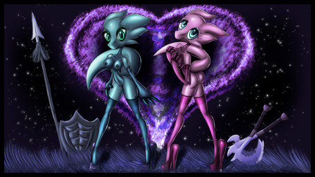 anthro axe big_eyes black_border blue_eyes border breasts butt claws clothing detailed_background duo eyelashes female footwear genitals green_eyes heart_symbol high_heels legwear looking_at_viewer melee_weapon non-mammal_breasts nude polearm scales shield shoes smile spear vulva weapon warlocke kobold monster reptile scalie 16:9 2019 4k absurd_res digital_media_(artwork) hi_res widescreen