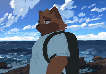 anthro backpack black_nose brown_body brown_fur clothing cloud detailed_background fur kemono male outside shirt slightly_chubby solo topwear water ch3cooh1231 canid canine canis domestic_dog mammal 2021 hi_res