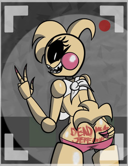 anthro bib black_sclera body_writing butt clothing female looking_at_viewer looking_back looking_back_at_viewer machine mooning panties pink_clothing pink_panties pink_underwear presenting presenting_hindquarters security security_camera sharp_teeth smile smiling_at_viewer solo teeth underwear white_eyes writing_on_butt ianmontreal223 five_nights_at_freddy's five_nights_at_freddy's_2 scottgames toy_chica_(fnaf) animatronic avian bird chicken galliform humanoid phasianid robot robot_humanoid hi_res