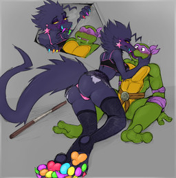 2_toes ahoge anthro bared_teeth bo_staff bodily_fluids body_mouth bottomwear breasts butt claws clothed clothed/nude clothing comic_panel confusion crop_top dizzy dizzy_eyes drooling duo elbow_pads eyeshadow feet female finger_in_mouth fishnet_clothing fishnet_legwear forked_tongue french_kissing grabbing_face hair hotpants kerchief kissing knee_pads kneeling legwear licking licking_lips long_tail long_tongue makeup male male/female mascara mask mouth_play multicolored_pawpads multicolored_teeth multiple_panel nude open_mouth oral_fixation panel_overlap panties panties_bulge pawpads paws pulling_mouth purple_tongue questionable_consent rear_view saliva seductive sharp_teeth shirt shorts sickle_claw sitting smile smirk spiral spiral_eyes spread_legs spreading staff tail teeth teeth_showing thumb_in_mouth toe_claws toes tongue tongue_on_tongue tongue_out topwear underwear wearing_mask stinkyredhoodie teenage_mutant_ninja_turtles teenage_mutant_ninja_turtles_(1987) donatello_(tmnt) skitchy_(sk1tchy) dinosaur dromaeosaurid hybrid prehistoric_species reptile saurischian scalie theropod turtle velociraptor comic hi_res