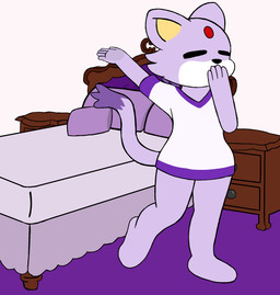 anthro barefoot bed bedroom bottomless clothed clothing covering covering_mouth eyes_closed featureless_feet feet female fur furniture nightstand pillow purple_body purple_fur shirt shirt_only solo standing tired topwear topwear_only yawning_position ticklebunny sega sonic_the_hedgehog_(series) blaze_the_cat digital_media_(artwork) hi_res