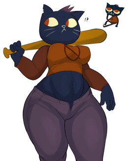4_fingers anthro bat_(object) biped blue_body blue_fur bottomwear breasts clothed clothed_anthro clothed_female clothing female female_anthro fingers fur holding_baseball_bat holding_bat holding_object interrobang looking_aside midriff navel nipple_outline open_bottomwear open_clothing open_pants orange_clothing orange_eyes orange_shirt orange_topwear pants pointy_ears print_clothing print_shirt print_topwear purple_bottomwear purple_clothing purple_pants red_clothing red_shirt red_topwear shirt simple_background slightly_chubby slightly_chubby_anthro slightly_chubby_female solo thick_thighs topwear whiskers white_background yellow_sclera usnarbit night_in_the_woods mae_borowski domestic_cat felid feline felis mammal 2025 digital_media_(artwork) hi_res reference_image