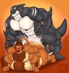 abdominal_bulge abs anthro beard big_muscles black_body black_scales bodily_fluids body_hair brown_body brown_fur bugg chest_hair cum cum_in_ass cum_inflation cum_inside cumshot curved_horn duo ejaculation elbow_fin erection facial_hair fur genital_fluids genitals gradient_background half-closed_eyes horn huge_muscles humanoid_genitalia humanoid_penis hyper hyper_muscles inflation male muscle_tone muscular muscular_anthro muscular_male narrowed_eyes nude open_mouth open_smile orgasm pecs penis scales scar simple_background smile smirk smug smug_face smug_grin tan_body tan_fur tongue tongue_out white_body white_scales hotdogsauau bovid bovine cattle fish mammal marine shark hi_res