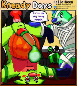 ambiguous_gender anthro balls bodily_fluids catch_condom clothing condom costume cum cum_on_penis dialogue duo ejaculation erection filled_condom genital_fluids genitals holidays knot male male/male penis sexual_barrier_device size_difference text wearing_condom eldritchemerald halloween canid canine mammal taidum comic english_text hi_res