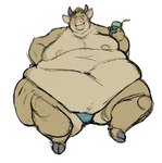 anthro belly beverage big_belly brown_body brown_fur clothed clothing fat_rolls fingers fur hand_on_hip holding_beverage holding_object hooved_fingers hooves horn love_handles male moobs morbidly_obese morbidly_obese_anthro morbidly_obese_male navel nipples obese obese_anthro obese_male overweight overweight_anthro overweight_male simple_background sitting smile solo thick_thighs topless white_background wide_hips yasano bovid bovine cattle mammal