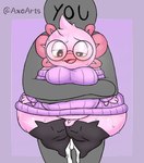 anthro balls big_butt black_clothing black_footwear black_socks blush bodily_fluids bottomless butt clothed clothing cum cum_inside duo eyewear footwear freckles front_view genital_fluids genitals glasses gynecomastia heart_eyes heart_symbol hug leaking leaking_cum looking_pleasured male moobs penis pink_body pink_clothing pink_sweater pink_topwear shoulderless_sweater size_difference small_balls small_penis socks sweat sweater teapot_(body_type) thick_thighs topwear axoarts dirk_axolonso amphibian axolotl humanoid marine mole_salamander salamander digital_media_(artwork)