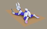 4_toes 5_fingers almar anthro arched_back big_feet clothing feet female fingers fluffy fluffy_tail genitals gun lagomorph leporid looking_at_viewer lying mammal on_front pawpads presenting pussy rabbit ranged_weapon simple_background solo spread_legs spreading tail toes weapon