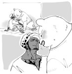 anthro blush bottomwear clothing duo ear_piercing ear_ring eyes_closed kissing male pants piercing ring_piercing shirt tattoo topwear nekokat42 one_piece bepo_(one_piece) trafalgar_law bear human mammal minkmen_(one_piece) polar_bear ursine 2024 monochrome