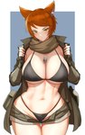 armwear bandage bandaged_arm bikini_thong bottomwear bra breasts canteen clothing coat coat_cape dog_tags exposed_breasts female fur hotpants looking_at_viewer midriff orange_body orange_fur pouch_(clothing) presenting scarf shorts solo swimwear thong topwear underwear undressing yellow_eyes anagumasan fallout microsoft ncr_ranger_(fallout) ryai_(character) canid canine fox fox_spirit humanoid mammal absurd_res hi_res