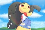 ambiguous_gender black_hair bottomwear clothing cloud denim denim_bottomwear denim_clothing denim_shorts fangs hair lens_flare outside pokeball_print red_eyes shirt shorts solo teeth topwear mawaifu nintendo pokemon generation_3_pokemon mawile pokemon_(species) hi_res