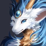 blue_eyes blue_hair dragon feral fur furred_dragon furred_scalie hair headshot_portrait hi_res horn looking_at_viewer mythological_creature mythological_scalie mythology portrait scalie solo unknown_artist white_body white_fur yellow_body yellow_fur