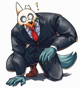 anthro big_muscles bone bone_mask bottomwear clothed clothing collared_shirt cosplay crossover_cosplay crouching dress_shirt exclamation_point footwear fur holidays huge_muscles jacket looking_at_viewer male mask muscular muscular_anthro muscular_male necktie notched_ear pants shadow shirt shoes simple_background skull skull_mask solo suit topwear tuft white_background wide_eyed teseirei beastars disney halloween the_owl_house king_clawthorne legoshi_(beastars) canid canine canis mammal wolf 2022 crossover hi_res