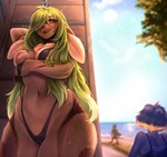 anthro beach big_breasts bikini blush bodily_fluids breasts brown_body brown_fur clothed clothing female fur green_eyes green_hair hair looking_at_viewer nipple_dip nipples outside plant sand seaside shower sky smile solo standing sun swimwear tree two-piece_swimsuit water wet cocicka conditional_dnp canid canine lagomorph leporid mammal rabbit digital_media_(artwork) hi_res shaded