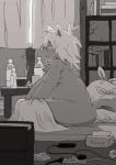 anthro bed blue_mood bottle box chest_tuft chopsticks container cup curtains day fur furniture hair inside male nude power_strip side_view sitting slightly_chubby solo table tail tissue tissue_box tuft window si_ra_ta_ma3 greyscale monochrome sketch