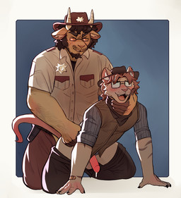 all_fours anal anal_penetration anthro anthro_on_anthro anthro_penetrated anthro_penetrating anthro_penetrating_anthro arm_hair athletic athletic_anthro athletic_male bandage beard blush bodily_fluids body_hair bottomwear bottomwear_down brown_hair clothed clothing doggystyle duo ear_piercing ear_ring erection eyewear facial_hair from_behind_position fur furgonomic_hat furgonomic_headwear furgonomics genital_fluids genitals glans glasses grey_body grey_fur hair hat headgear headwear horn humanoid_genitalia humanoid_penis male male/male male_anthro male_penetrated male_penetrating male_penetrating_male open_bottomwear open_clothing open_pants pants pants_down partially_clothed partially_clothed_anthro partially_clothed_male penetration penile penile_penetration penis penis_in_ass piercing precum precum_string ring_piercing sex sheriff simple_background tail tan_body tan_fur wearing_glasses gol1ath bovid caprine goat mammal mouse murid murine rodent 2024 hi_res