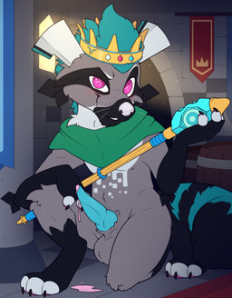 3_claws 3_toes animal_genitalia antennae_(anatomy) anthro banner barrel black_feet black_hands black_snout black_tail black_tail_tip blush bodily_fluids castle claws clothed clothed_anthro clothing colored_cum crown cum cum_drip detailed_background dipstick_tail dripping eyebrows facial_markings feet fur gem genital_fluids genitals grey_body grey_fur hair head_markings headgear king kneeling looking_at_viewer machine male markings mask_(marking) penis pink_beans pink_cum pink_eyes poncho pose royalty scepter solo staff stone_floor stone_wall striped_markings striped_tail stripes tail tail_markings teal_body teal_fur teal_hair teal_penis teal_tail toes unusual_bodily_fluids unusual_cum unusual_genital_fluids wall_(structure) wand whiskers white_chest white_ears white_eyebrows white_fingertips white_nose white_toes meraence ezydenias_(ezydenias) android mammal procyonid raccoon robot flat_colors hi_res pinup