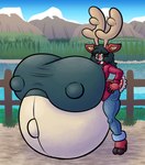 anthro antlers big_breasts bottomwear breasts clothing countershading denim denim_bottomwear denim_clothing female fence fur green_eyes green_hair hair hand_on_hip hooves horn huge_breasts hyper hyper_breasts hyper_pregnancy jacket jeans lake looking_at_viewer mountain navel nipple_outline outie_navel outside pants pattern_clothing plaid plaid_clothing pregnant red_body red_fur shirt solo tan_body tan_countershading topwear sprucy deer mammal new_world_deer reindeer hi_res