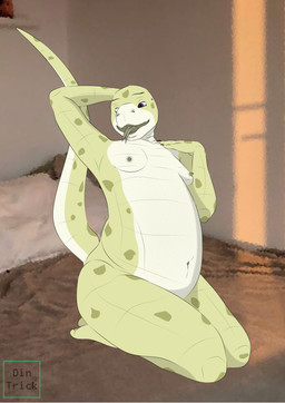 anthro bed bedroom belly breasts claws feet female forked_tongue freckles furniture lips markings nails navel nipples non-mammal_breasts non-mammal_navel non-mammal_nipples open_mouth overweight overweight_anthro overweight_female pose purple_eyes scales slightly_chubby small_breasts solo spots spotted_body sunset tail teeth tongue ventral_scales yellow_body dintrick komodo_dragon lizard monitor_lizard reptile scalie absurd_res hi_res