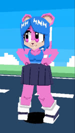 anthro blue_hair bottomwear breasts cleavage clothed clothing cloud dancing day eyelashes eyes_closed female footwear fur grin hair jumping looking_at_viewer low_poly music pink_body pink_eyes pink_fur raised_tail short_hair skirt sky smile socks solo standing tail wide_hips babuls mammal 3d_(artwork) 3d_animation animated digital_media_(artwork) hi_res pixel_(artwork) webm