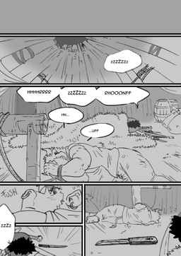 knife male sleeping sound_effects vowelless vowelless_sound_effect zzz husky92 european_mythology greek_mythology mythology bovid bovine humanoid mammal minotaur orc comic greyscale hi_res monochrome multiple_scenes