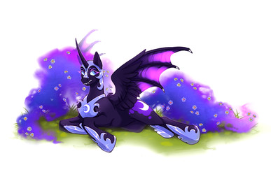 armor black_body black_fur blue_eyes cutie_mark daisy_(flower) ethereal_hair ethereal_tail eyebrows eyeliner fangs female feral flower fur headgear helmet horn makeup membrane_(anatomy) membranous_wings plant purple_eyebrows purple_eyeliner sharp_teeth solo teeth wings djkaskan friendship_is_magic hasbro my_little_pony mythology nightmare_moon_(mlp) equid equine mammal mythological_creature mythological_equine winged_unicorn absurd_res hi_res